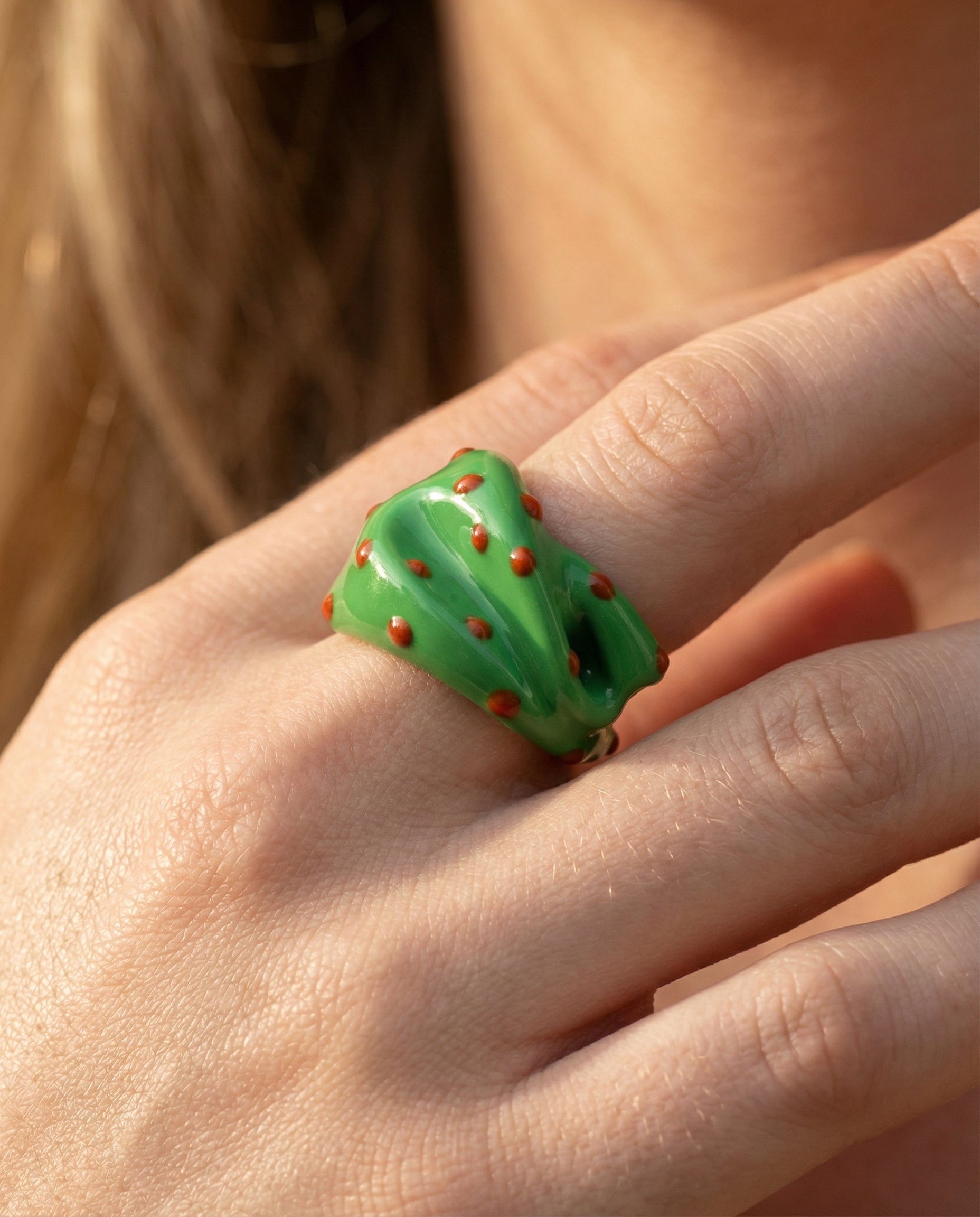 Efemera The Prince ring - green enamel with red dots on model