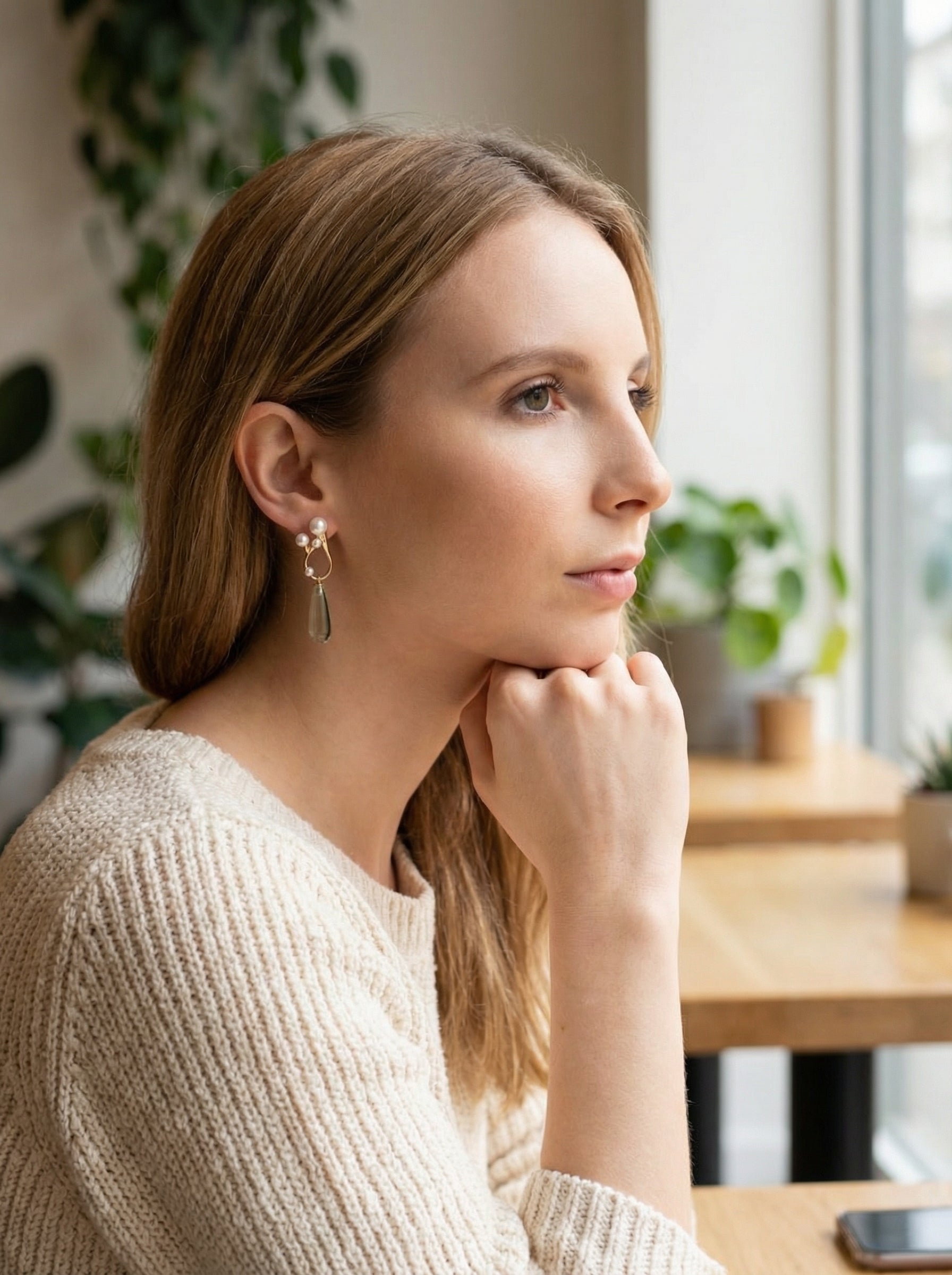 Efemera Floating Light earrings - gold teardrop with pearls and green prehnite