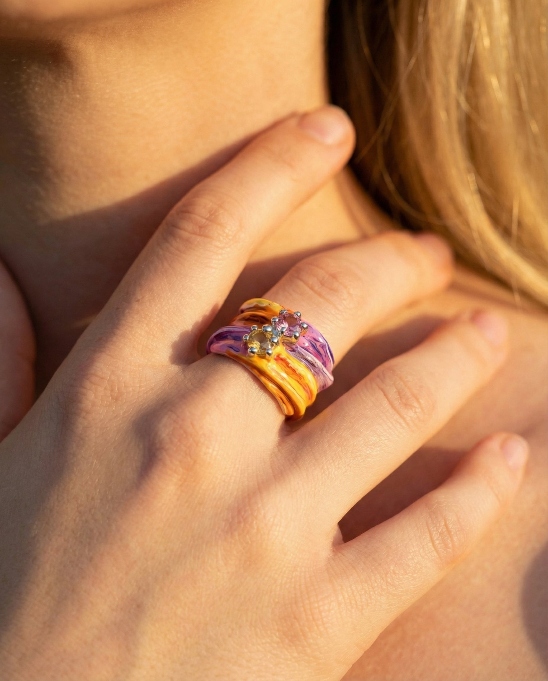 Efemera SunRise ring - sunset marble swirl with crystals on model