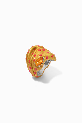 Golden Blossom II sterling silver ring with Hand-painted glossy gold and pink dots enamel, 45 degree view efemera jewelry