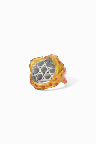 Golden Blossom II sterling silver ring with Hand-painted glossy gold and pink dots enamel, inside view efemera jewelry