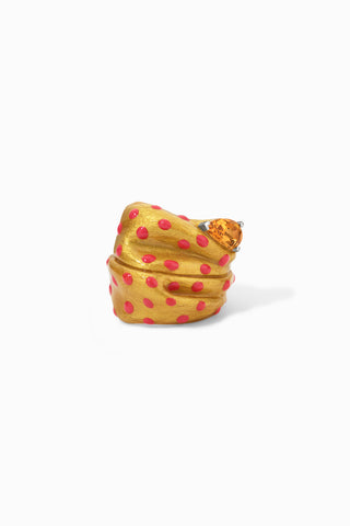 Golden Blossom II sterling silver ring with Hand-painted glossy gold and pink dots enamel, side view efemera jewelry