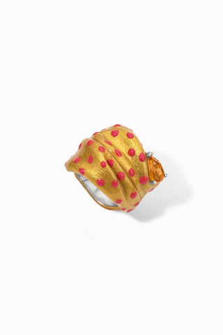 Golden Blossom II sterling silver ring with Hand-painted glossy gold and pink dots enamel efemera jewelry