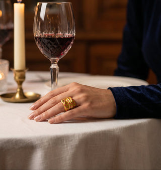 Efemera Golden Blossom ring - brushed gold with pink dots