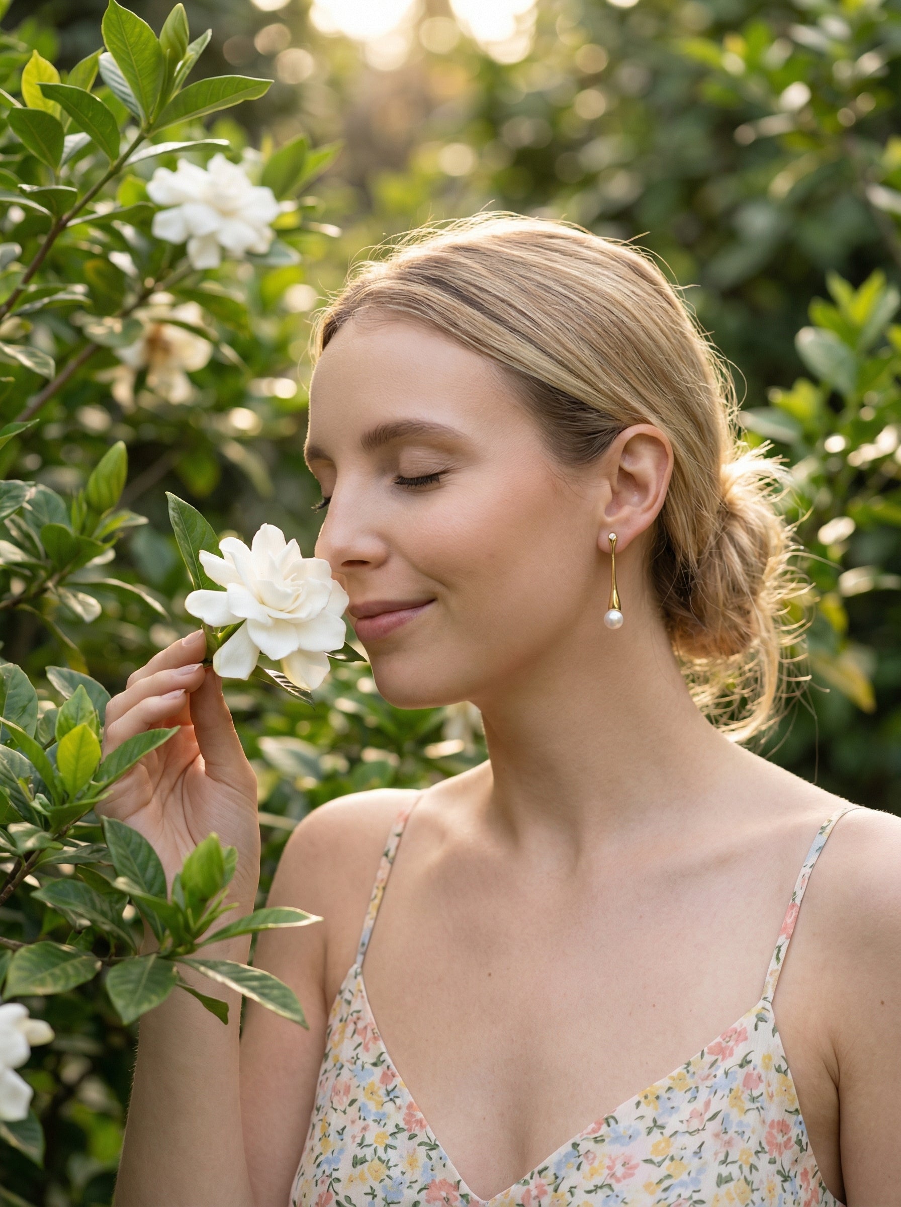 Efemera Dew Petal earrings - gold petal drop with diamond and pearl
