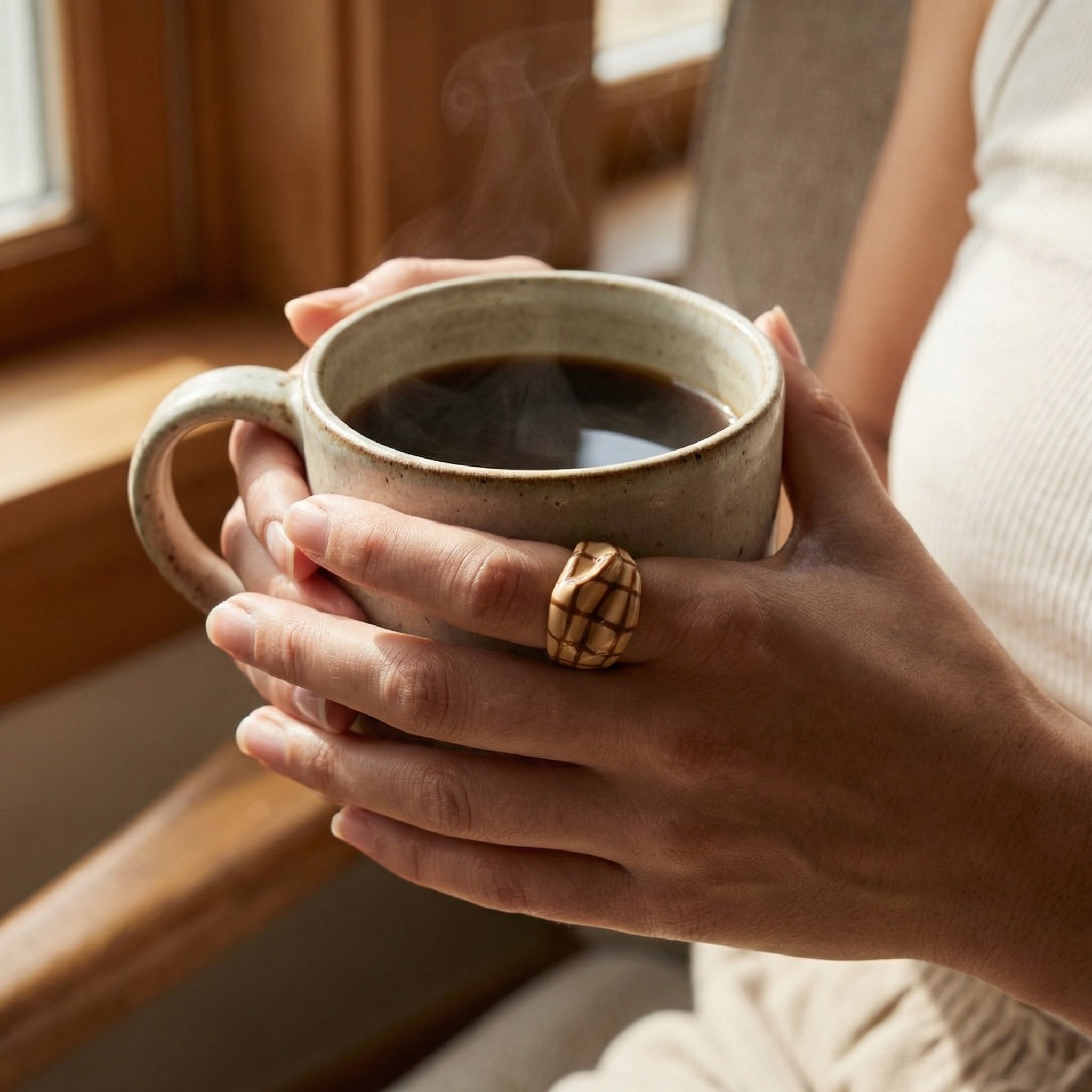 Efemera Morning Joe ring - tan brown waffle pattern